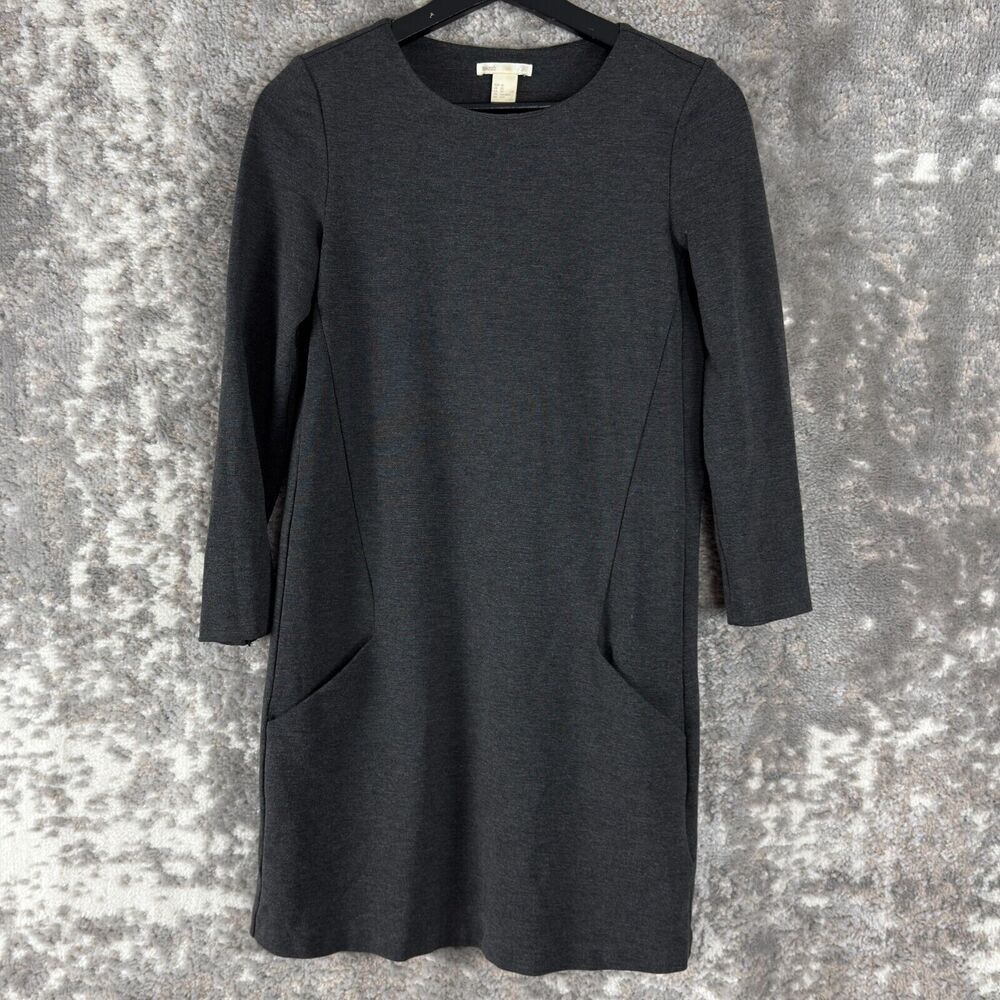 H&M Size XS Stretch Mini Shift Dress Gray Long Sleeve Pockets Casual Pullover